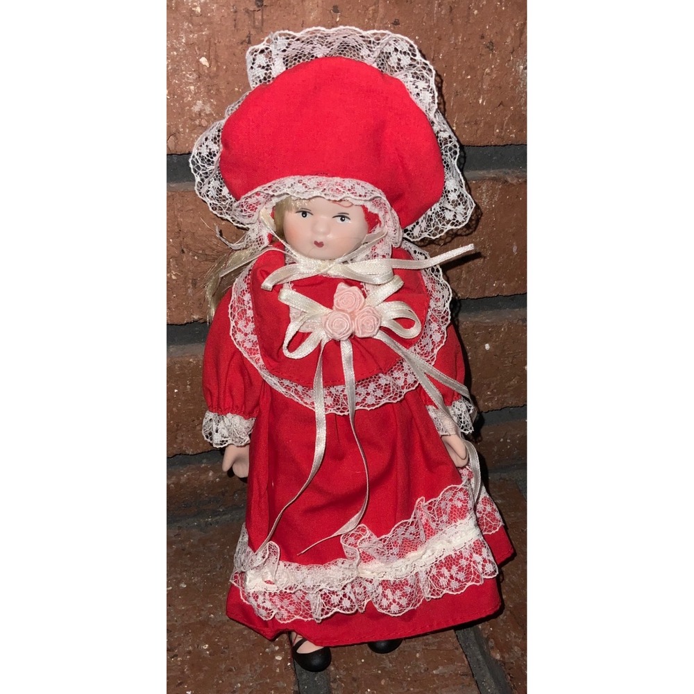 Vintage‎ 8" Porcelain Doll Red Lace Victorian Dress Bonnet Blonde Hair